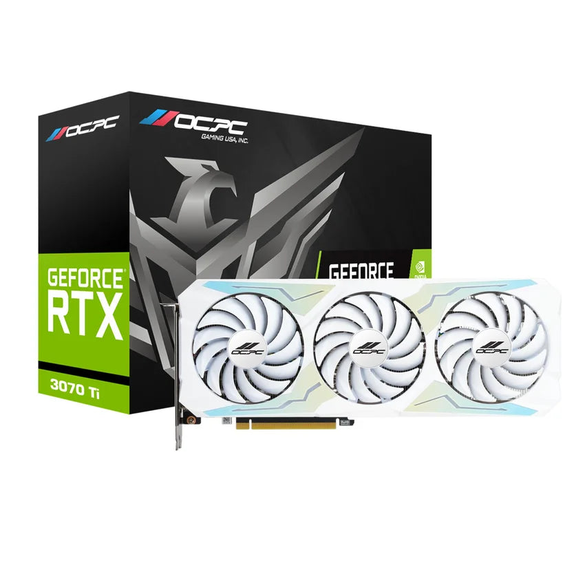 OCPC GeForce RTX 3070 Ti graphics card with packaging on a white background
