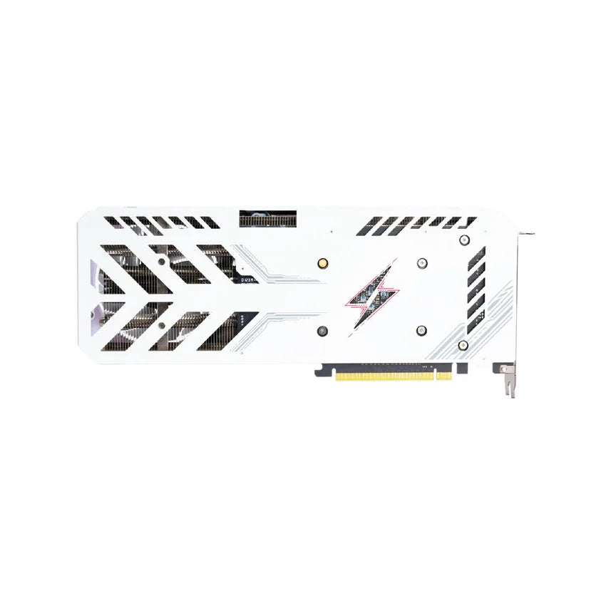 Rear view of a graphics card with white and black design on a white background