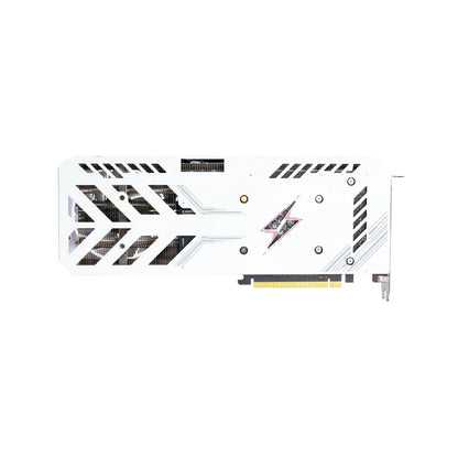 Rear view of a graphics card with white and black design on a white background