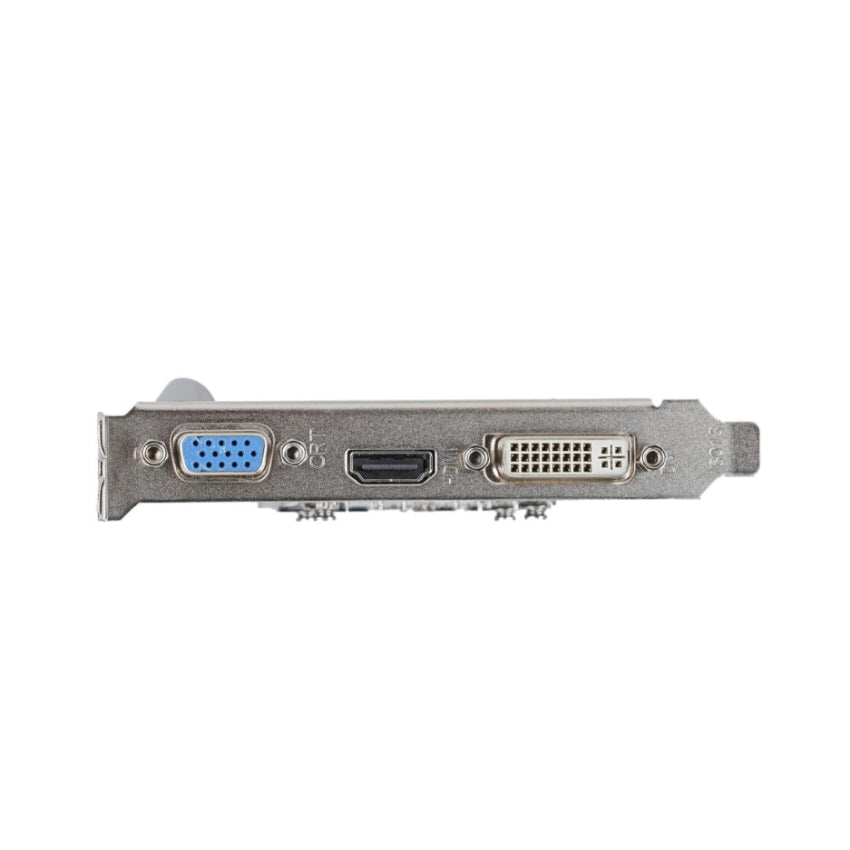 Port view of the OCPC GT210 1GB GDDR3 graphics card showing the HDMI, VGA and DVI ports