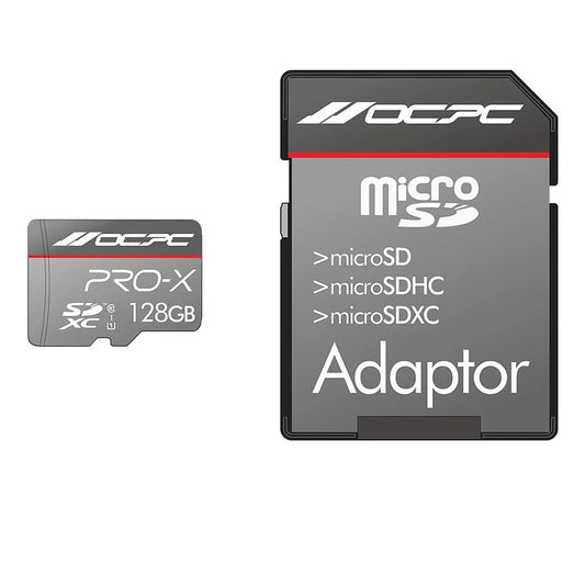 OCPC Pro X 128GB micro SD card with adapter on a white background