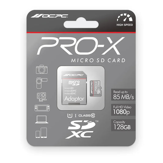 OCPC Pro-X 128GB micro SD card packaging with specifications on a white background