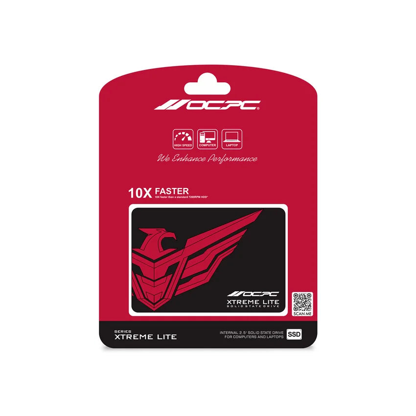 Red packaging of OCPC Extreme Lite solid-state drive with brand logo and product features.