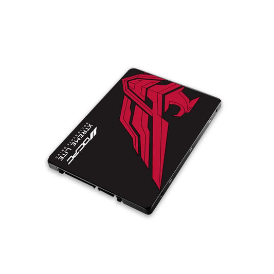 Solid-state drive with a red logo on a white background