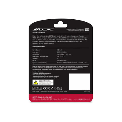 OCPC SSD packaging with specifications on a white background