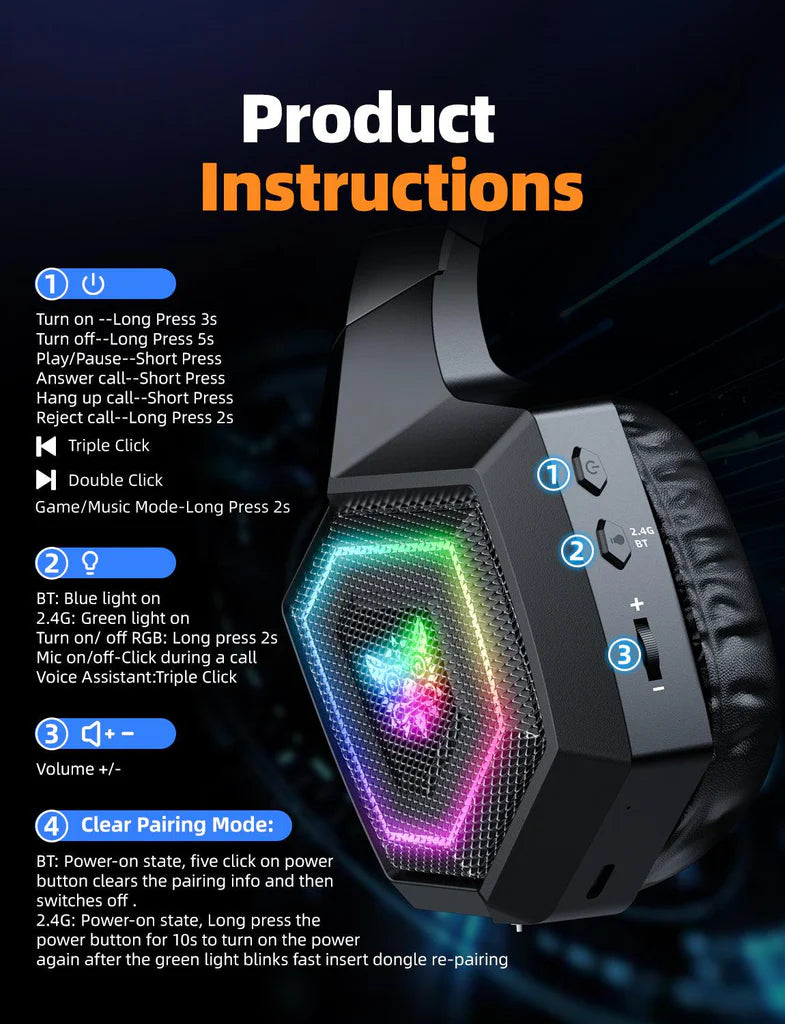 Onikuma GT806 Wireless Gaming Headset Virtual 7.1 Surround – 3 Mode (2.4GHz, Bluetooth, Wired), RGB, Low Latency, Noise-Cancel Mic