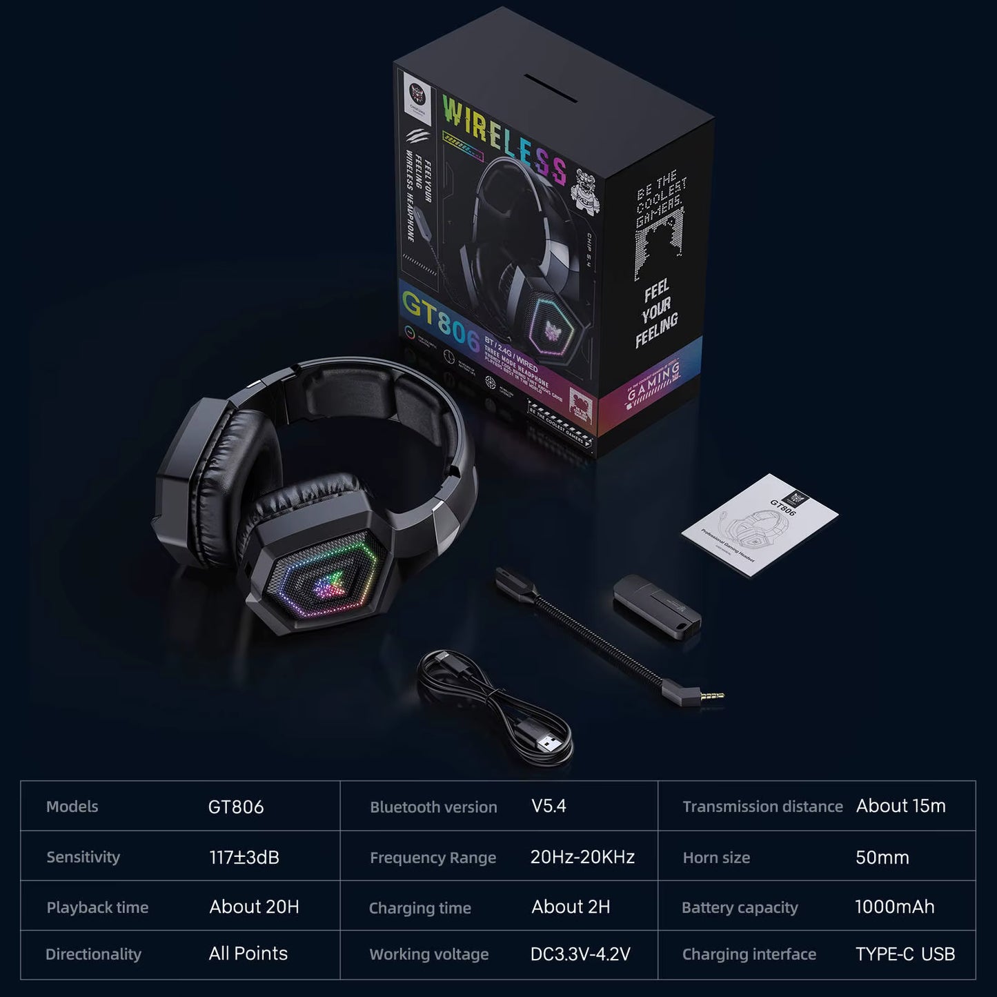 Onikuma GT806 Wireless Gaming Headset Virtual 7.1 Surround – 3 Mode (2.4GHz, Bluetooth, Wired), RGB, Low Latency, Noise-Cancel Mic