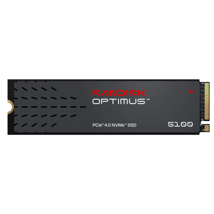 A black Sandisk Optimus 5100 PCIe 4.0 NVMe SSD on a solid white background, showing the gold connector on the right side.