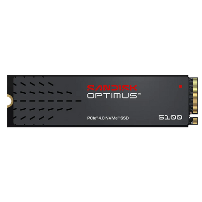 A black Sandisk Optimus 5100 PCIe 4.0 NVMe SSD on a solid white background, showing the gold connector on the right side.