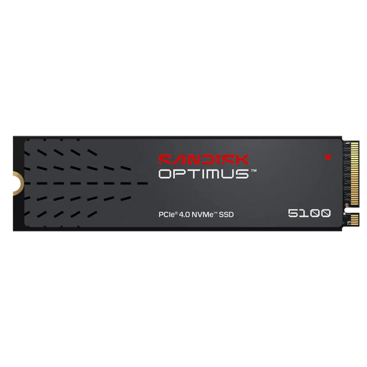 A black Sandisk Optimus 5100 PCIe 4.0 NVMe SSD on a solid white background, showing the gold connector on the right side.