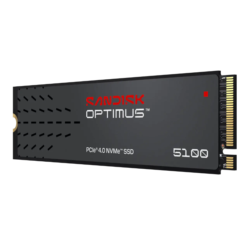 Sandisk Optimus 5100 PCIe 4.0 NVMe SSD in a black mSATA form factor with gold contacts, shown on a plain white background.