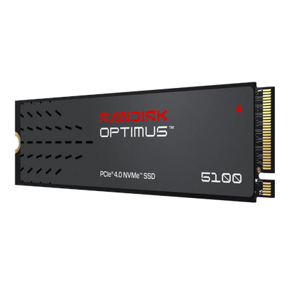 Sandisk Optimus 5100 PCIe 4.0 NVMe SSD in a black mSATA form factor with gold contacts, shown on a plain white background.