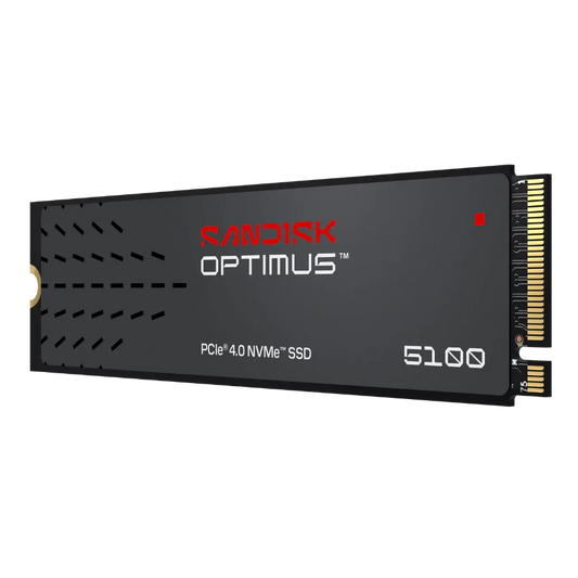 Sandisk Optimus 5100 PCIe 4.0 NVMe SSD in a black mSATA form factor with gold contacts, shown on a plain white background.