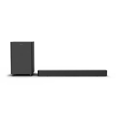 Black Philips TAB5500 2.1ch soundbar with subwoofer on a white background