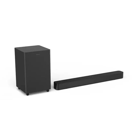 Left angled view of the Philips TAB5500 Black 2.1ch soundbar and subwoofer on a white background