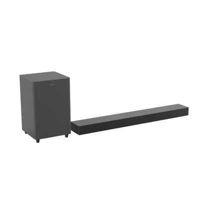 Angled view of the Philips TAB8510 Black 5.1ch soundbar with subwoofer