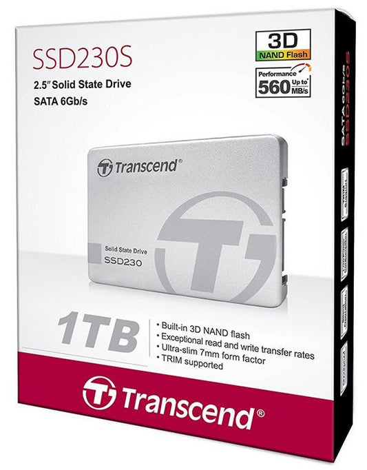 TRANSCEND 1TB SSD230 2.5'' SSD DRIVE - SATA III 3D TLC with DRAM cache - 560MB/s Read 500MB/s Write - 560 TBW