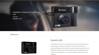 TRANSCEND DRIVEPRO 550 (MODEL B) DUAL LENS DASH CAM WITH 128GB MICROSD CARD