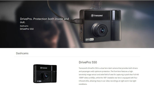 TRANSCEND DRIVEPRO 550 (MODEL B) DUAL LENS DASH CAM WITH 128GB MICROSD CARD