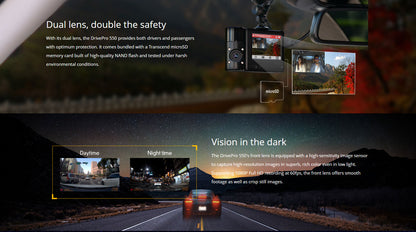 TRANSCEND DRIVEPRO 550 (MODEL B) DUAL LENS DASH CAM WITH 128GB MICROSD CARD