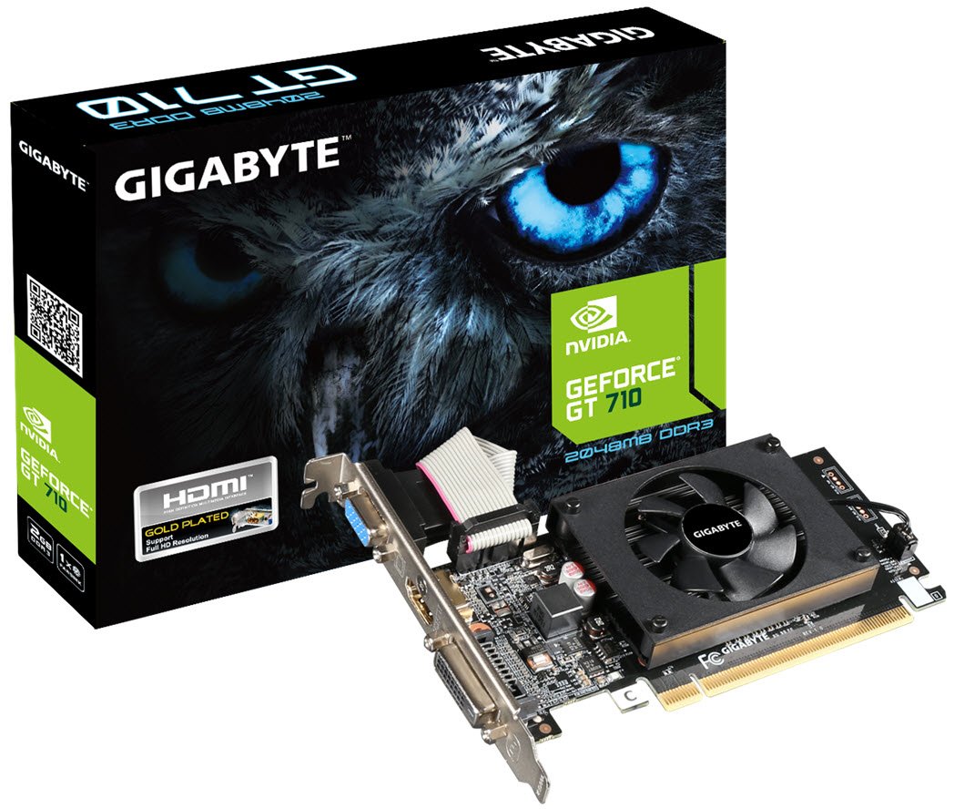 GIGABYTE Graphics nVidia GeForce® GT 710 2GB GDDR3 64Bit . 1x Dual-Link DVI-D; 1x HDMI; 1x VGA; Low Profile