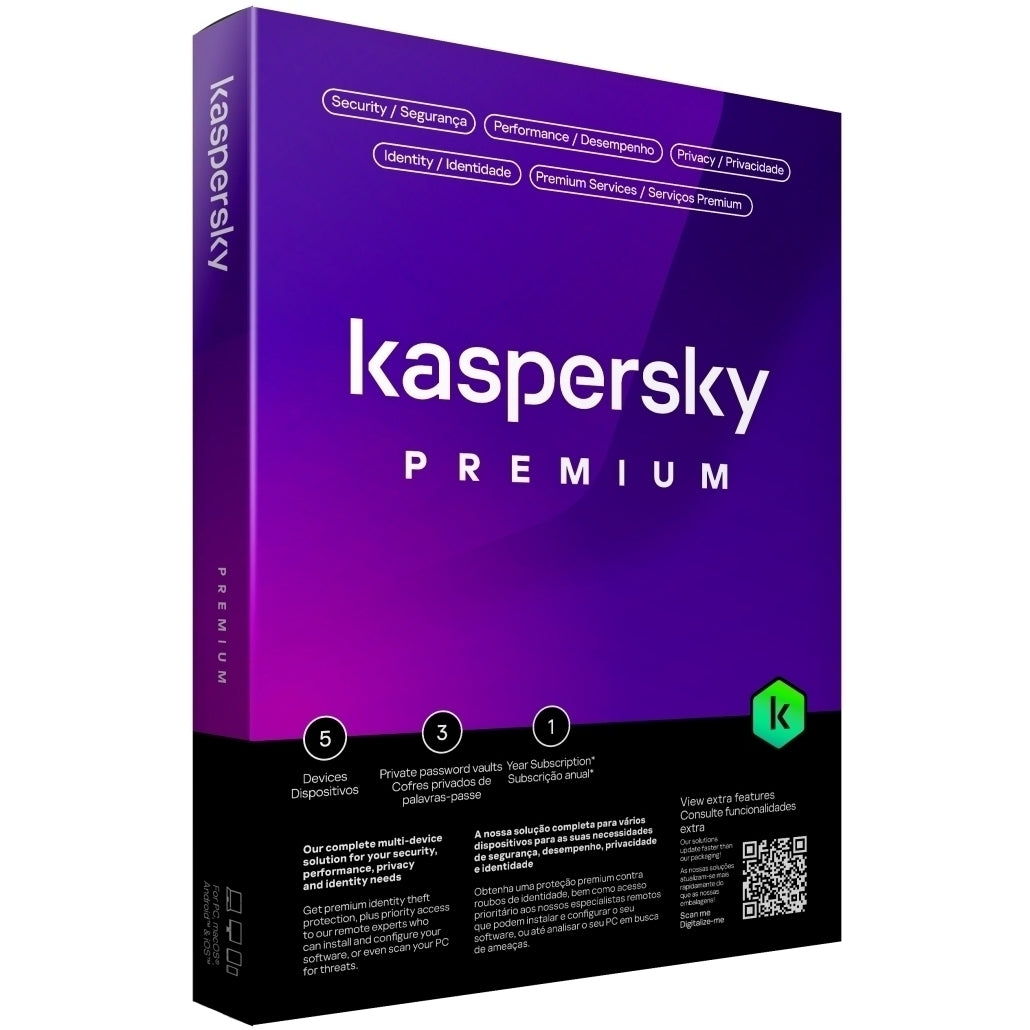 Kaspersky Premium software package box with gradient design on a white background