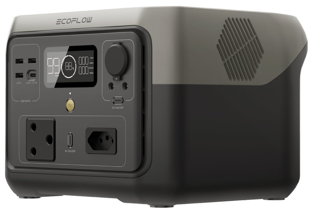 EcoFlow power station with multiple outlets and a display on a white background