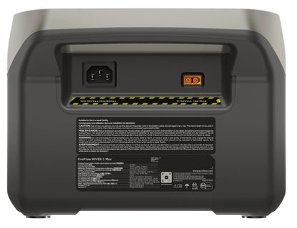 Back view of a portable power station with warning labels and connectors.