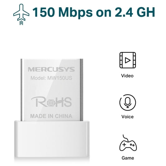 Mercusys MW150US feature highlights showing 150 Mbps Wi-Fi speed, miniature size, plug and play setup, and Windows 11 support.