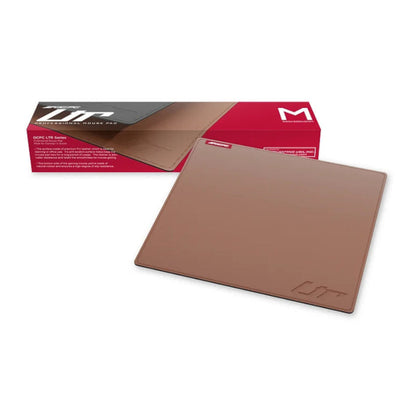 OCPC LTR Medium Brown leather pu gaming mousepad with a red packaging box in the background