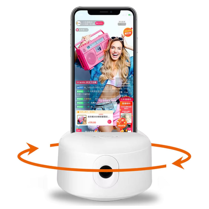 White cylindrical device with a smartphone on top displaying a music app interface.