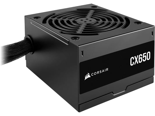 Corsair CX650 — 650 Watt 80 PLUS Bronze; 5yr Warranty; ATX (1); EPS (1); PCI-E (2); 4-Pin Peripheral (2); SATA (3).