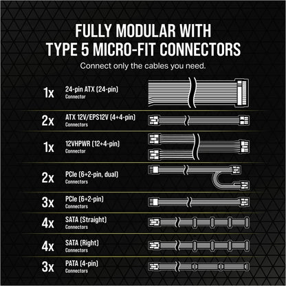 Corsair SF1000L ITX - 1000W Fully Modular 80PLUS Gold; 7 year warranty ATX (1); EPS (3); PCI-E (3); PATA (3); SATA (12)