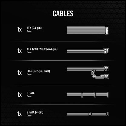 Corsair CX650 — 650 Watt 80 PLUS Bronze; 5yr Warranty; ATX (1); EPS (1); PCI-E (2); 4-Pin Peripheral (2); SATA (3).