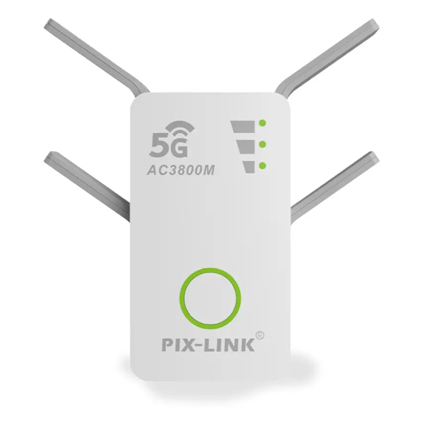 PIX-Link Wi-Fi range extender with antennas on a white background