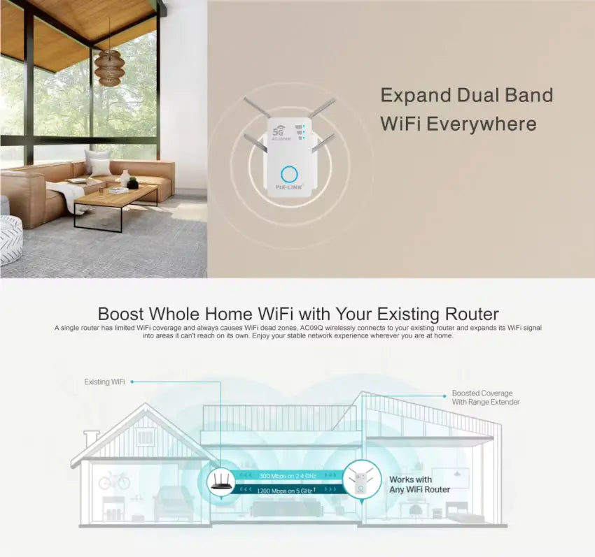 Advertisement for a WiFi range extender with a modern living room background.