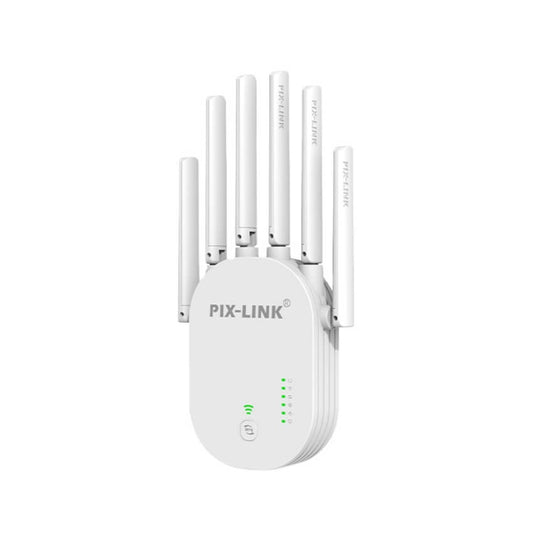 White Pix-Link LV-WE59Q wireless range extender with multiple antennas on a white background, featuring the Pix-Link brand.