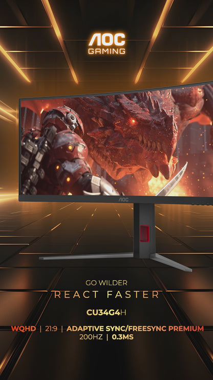 AOC CU34G4H 34" WQHD (3440 x1440) 200Hz Curved Gaming Monitor - HDMI and DisplayPort