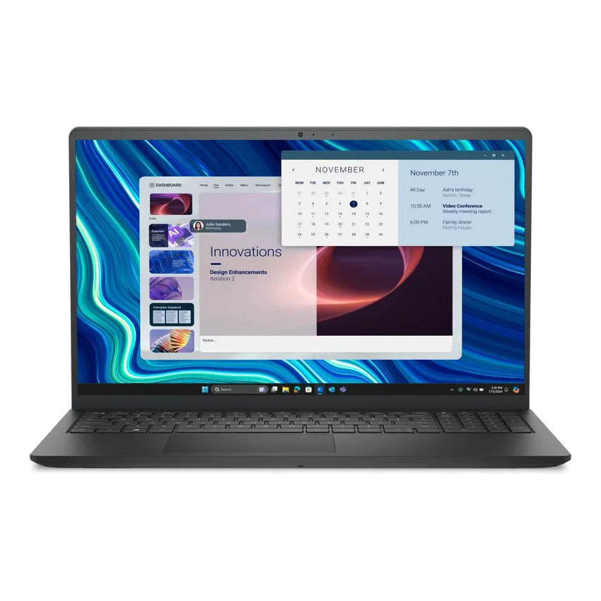 Black Dell Pro 15 Essential 15.6" FHD Laptop with a colorful display on a white background