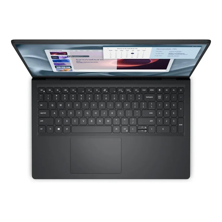 Black Dell Pro 15 Essential 15.6" FHD Laptop shown from a top-down angle with the screen open, displaying a webpage on the display area. The laptop features a full-sized keyboard and a large touchpad on a solid white background.