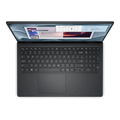 Black Dell Pro 15 Essential 15.6" FHD Laptop shown from a top-down angle with the screen open, displaying a webpage on the display area. The laptop features a full-sized keyboard and a large touchpad on a solid white background.