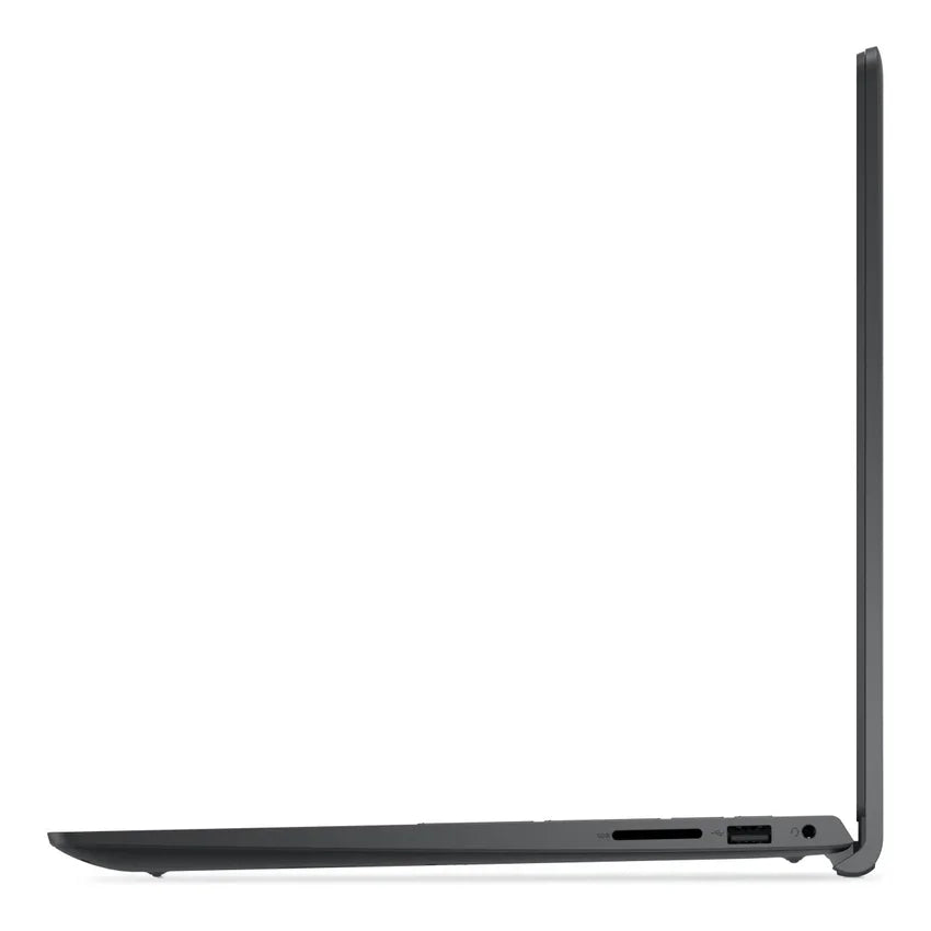 Right side view of the black Dell Pro 15 Essential Laptop on a white background showing the 3.5mm Aux, USB and SD Card ports