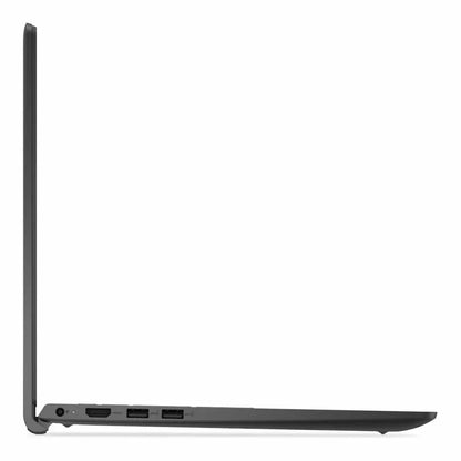 Left side view of the black Dell Pro 15 Essential Laptop on a white background showing the USB, HDMI and power ports