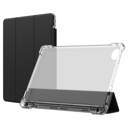 Clear tablet case with black interior on a white background