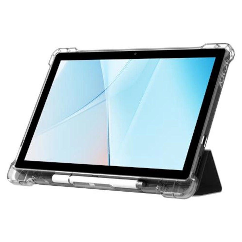 Tablet with a clear case on a white background