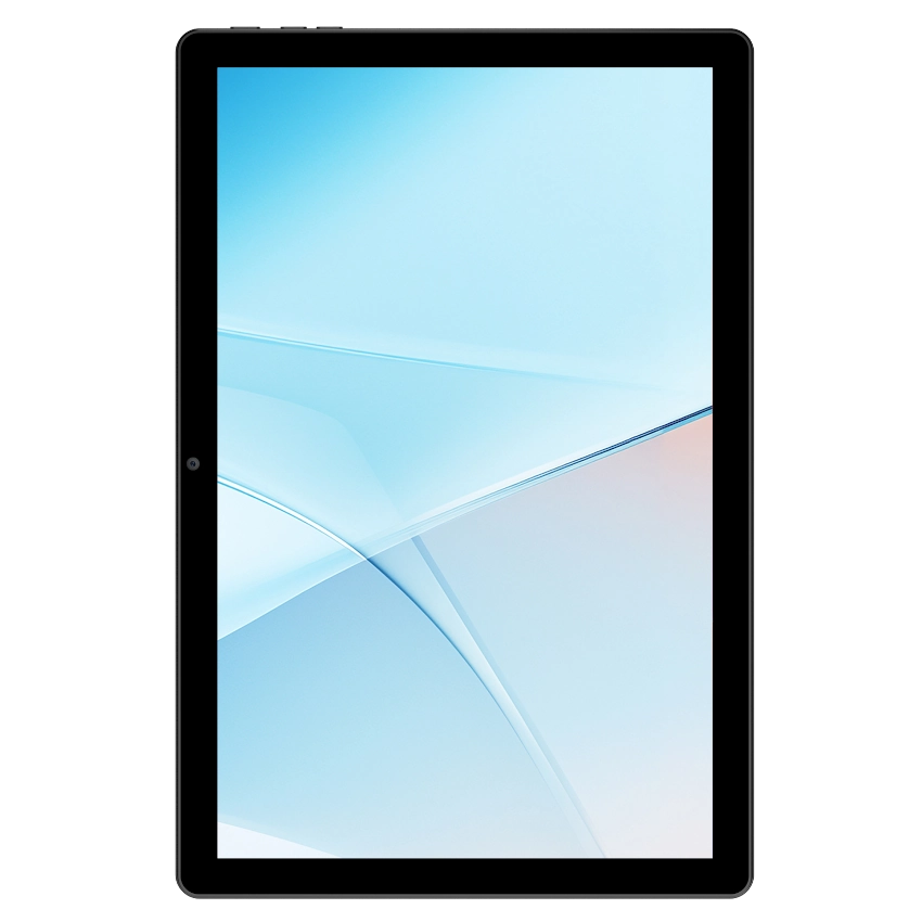 Tablet with a blue and white abstract design on the screen against a white background