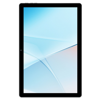 Tablet with a blue and white abstract design on the screen against a white background