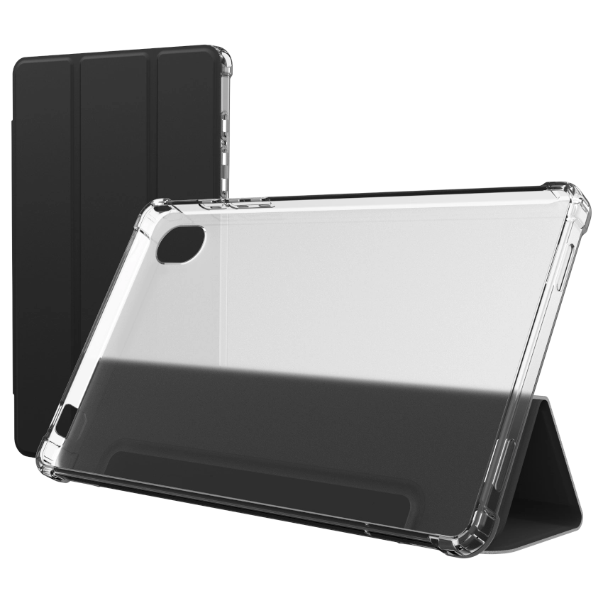 Clear tablet case with black interior on a white background