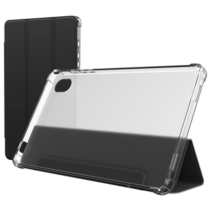 Clear tablet case with black interior on a white background