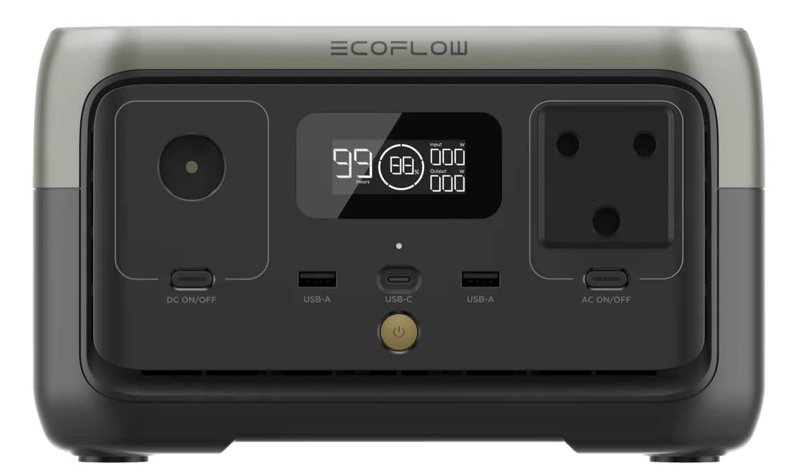 EcoFlow power station with digital display and multiple ports on a white background